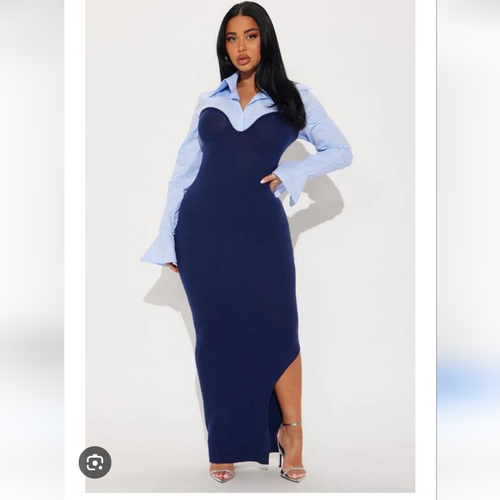 Striped Blue Shirt-Collar Navy Midi Dress